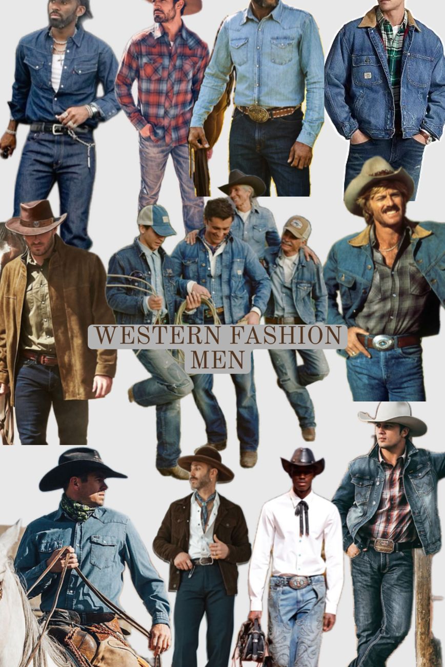 Collage of men in western shirts, denim jackets, plaid and cowboy hats